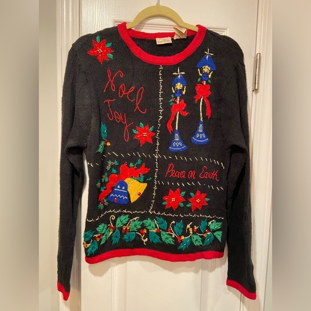 VTG 80s Bobbie Brooks Size S Vintage Holiday Sweater Black Embroidered Peace